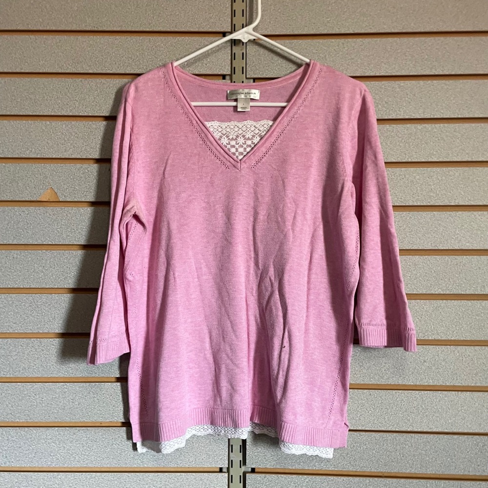 Christopher & Banks Pink V-Neck Lace Trim 3/4 Sleeve Sweater‎ Womens Large